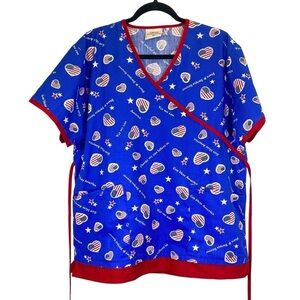 USa American Women size Medium Patriotic Flag Hearts God Bless America Scrub Top